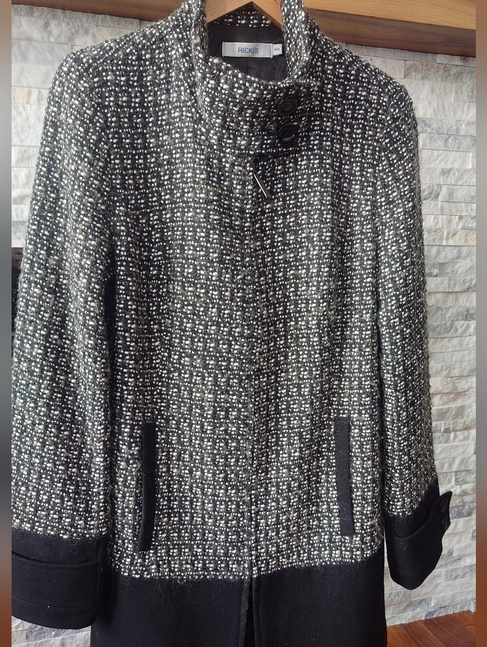 Ricki's Black & White Tweed Pea Coat with Black Trim Accents